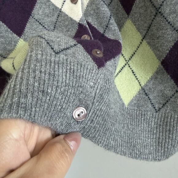 Cashmere Cache Woman’s Button Up Short Sleeve Argyle Sweater Gray Purple Size S - Picture 6 of 6